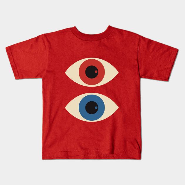 a red t - shirt with two blue eyes on the front and one brown eye on the back