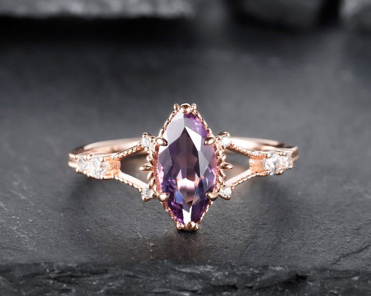 Unique marquise cut amethyst wedding ring , purple amethyst with prong setting , very special gift for women. ★Description *Center stone: 5x10mm Marquise Cut Classical Purple Amethyst. *Accent stone: 0.11 carat Round Cut Moissanites * Material: Sterling Silver with White/Yellow/Rose Gold Plated or Solid 14k Gold( White/Rose/Yellow gold) *Band Width(Bottom): 1.6-1.7mm Gemstone can be replaced with other birthstone, if you would prefer a custom ring, please contact us. ★Procedure information Pleas Victorian Luxury Amethyst Wedding Ring, Luxury Amethyst Ring With Accent Stones For Promise, Amethyst Marquise Ring, Purple Gemstone Ring, Luxury Marquise Amethyst Ring For Anniversary, Non Traditional Engagement Rings Purple, Purple Marquise Cut Amethyst Promise Ring, Elegant Purple Amethyst Ring With Marquise Cut, Elegant Purple Marquise Cut Amethyst Ring