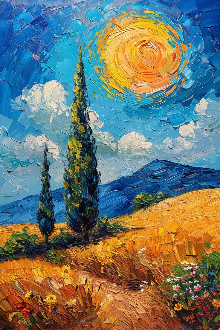 an oil painting of two trees on a hill with blue sky and clouds in the background