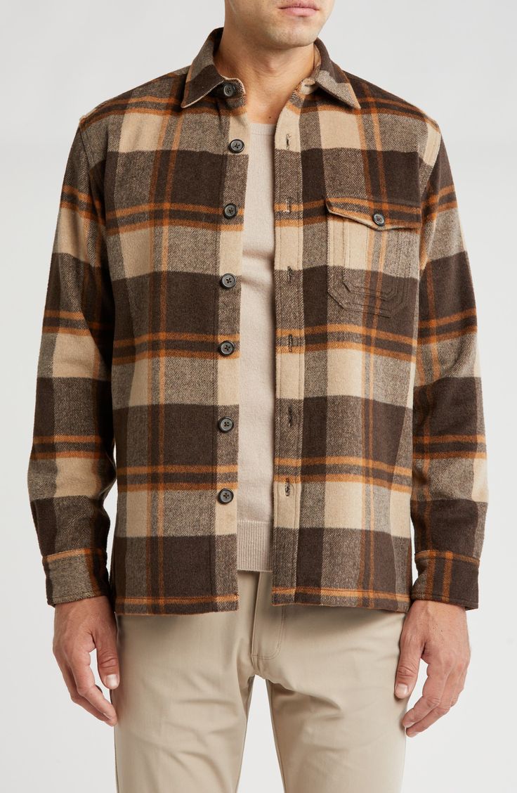 A buffalo plaid print brings rustic style to a brushed heather shirt-jacket constructed with a button front closure and chest patch pockets. 28" length (size Medium) Front button closure Spread collar Long sleeves 80% polyester, 20% wool Machine wash, tumble dry Imported Brown Button-up Shacket With Flap Pockets, Classic Plaid Button-up Shacket, Classic Brown Long Sleeve Flannel Shirt, Plaid Collared Shacket With Snap Buttons, Collared Plaid Shacket With Snap Buttons, Brown Winter Shacket With Button Closure, Winter Brown Shacket With Button Closure, Classic Brown Flannel Shirt With Button Closure, Classic Brown Button-up Flannel Shirt