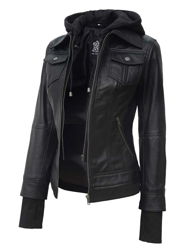 Specifications: The style for all seasons. Made of 100% Real Lambskin leather Internal full lined with a soft polyester Snap-collar with removable hood and smooth zip YKK closure. Four zipped exterior pockets. One inside pocket. One extra inside pocket for cell phone. Trendy black finishing. Check measurements via a size chart for a better fit. Motorcycle Jacket Women Plus Size, Luxury Black Biker Jacket For Winter, Luxury Hooded Biker Jacket In Casual Style, Elegant Luxury Biker Jacket With Zipper Closure, Luxury Biker Jacket With Padded Collar For Biker Events, Summer Womens Motorcycle Jacket, Luxury Rock Style Biker Jacket For Winter, Luxury Women's Biker Jacket For Fall, Luxury Women's Biker Jacket For Workwear