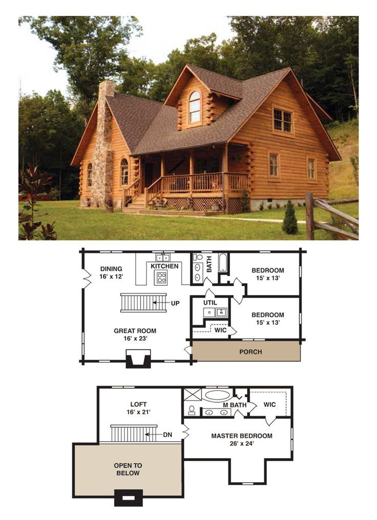 the floor plan for a log cabin with loft and living quarters, including an upstairs bedroom