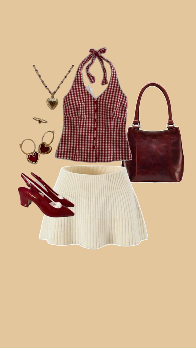 Red and white checkered, button down halter top. Beige pleated mini skirt. Red loafer heels. Deep red leather purse. Gold Garnet pendant necklace with a simple garnet heart ring and garnet pendant hoop earrings for accessories. Old Money Fashion, Money Fashion, Sweet Clothes, Outfit Collage, Money Aesthetic, Old Money Aesthetic, Casual Work Outfits, Red Outfit, Feminine Outfit