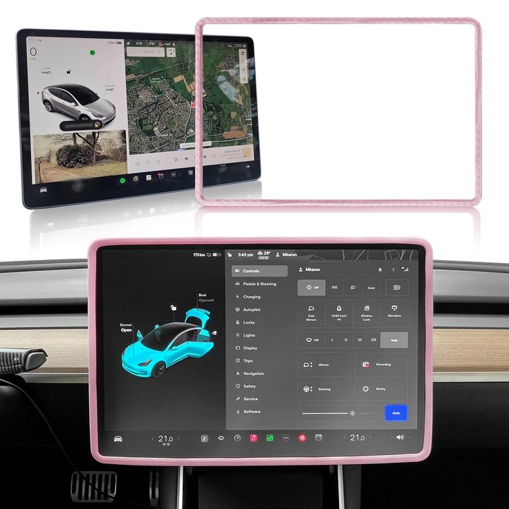 an image of a car dashboard with a tablet on it and another photo of the interior