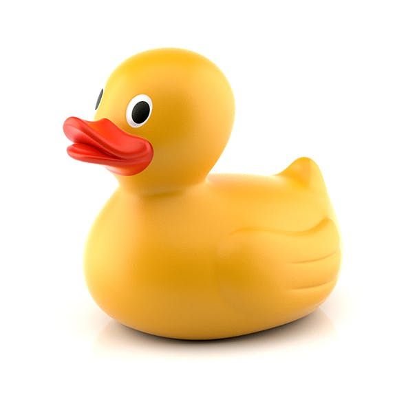 a yellow rubber duck sitting on top of a white floor