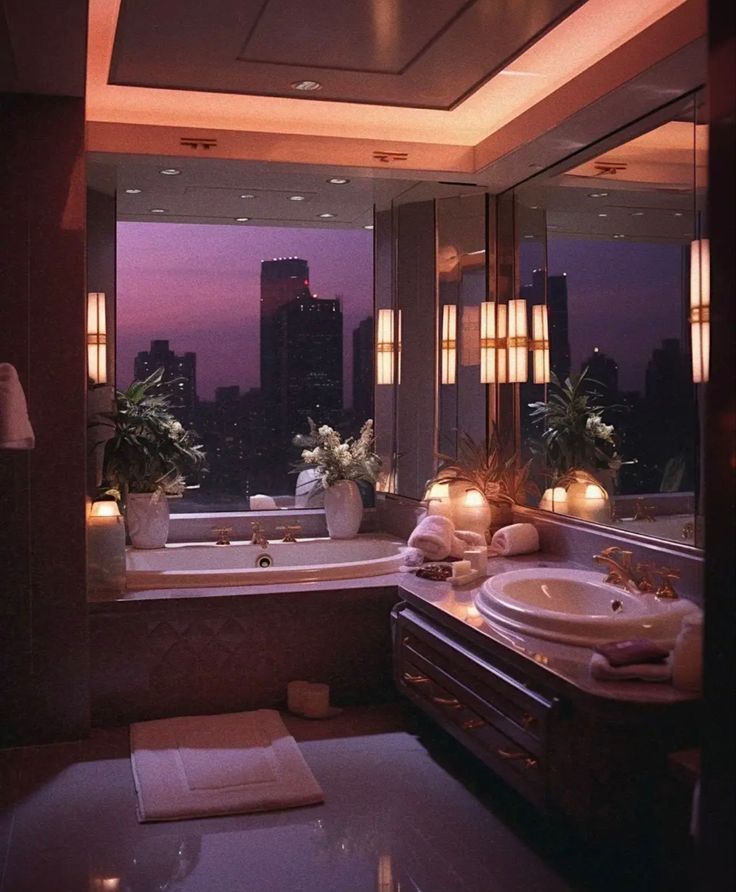 a bath room with a large tub and a sink under a window next to a tall building