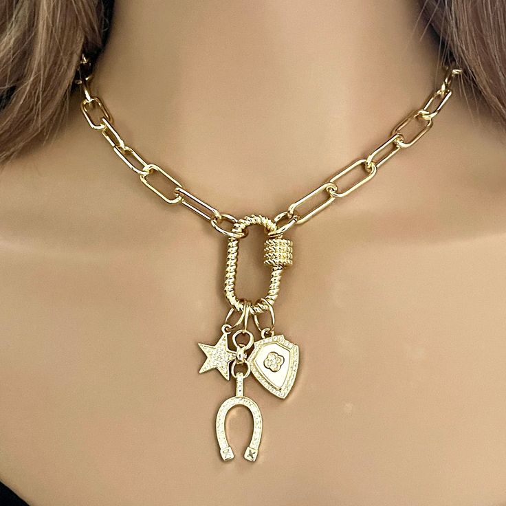 Gold Paperclip Chain-Charm Necklace-Rope Design Carabiner-Screw Clasp- - Vanessadesigns4u Porcelain Necklace, Paperclip Chain Necklace, Sterling Necklace, Beautiful Gold Necklaces, 18k Gold Necklace, Heart Locket Necklace, Clover Charm, Unusual Jewelry, Rope Design