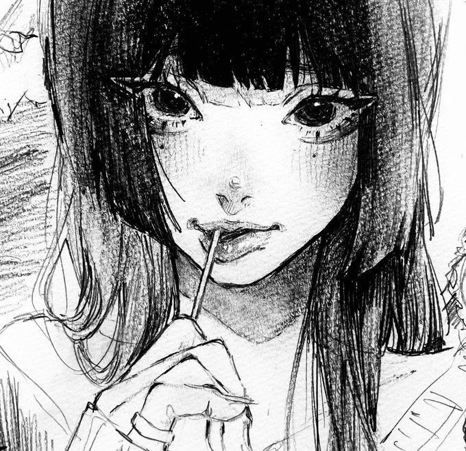 a drawing of a girl holding a pencil in her hand