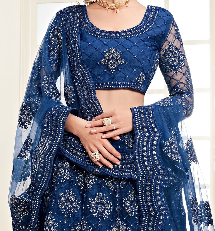 Dark Blue Designer Heavy Embroidered Bridal Lehenga-Saira's Boutique Cording Embroidery, Embroidered Bridal Lehenga, Silk Thread Embroidery, Indian Wedding Lehenga, Dark Blue Fabric, Sabyasachi Lehenga, Indian Lehenga Choli, Lengha Choli, Net Lehenga