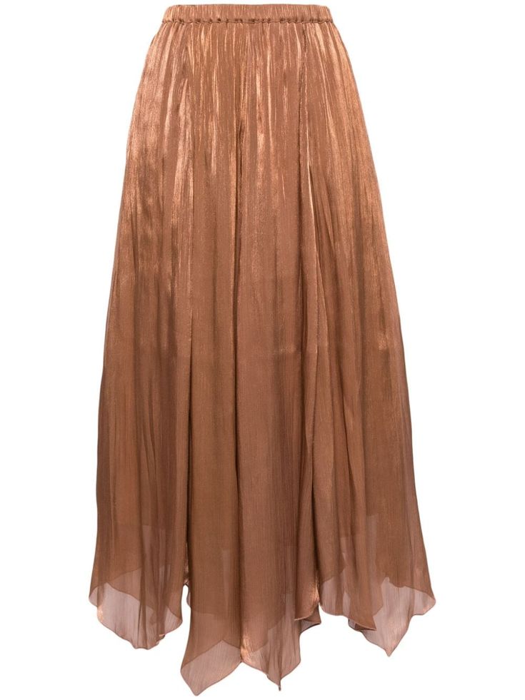 camel brown satin finish fully pleated elasticated waistband mid-length asymmetric hem Pleated Draped Skirt With Flowy Fit For Party, Pleated Flowy Draped Skirt For Party, Flowy Pleated Draped Skirt For Party, Chic Pleated Draped Skirt, Asymmetrical Silk Pleated Maxi Skirt, Asymmetrical Flowy Draped Pleated Skirt, Flowy Asymmetrical Draped Skirt With Pleats, Spring Brown Flowy Pleated Skirt, Brown Flowy Pleated Maxi Skirt