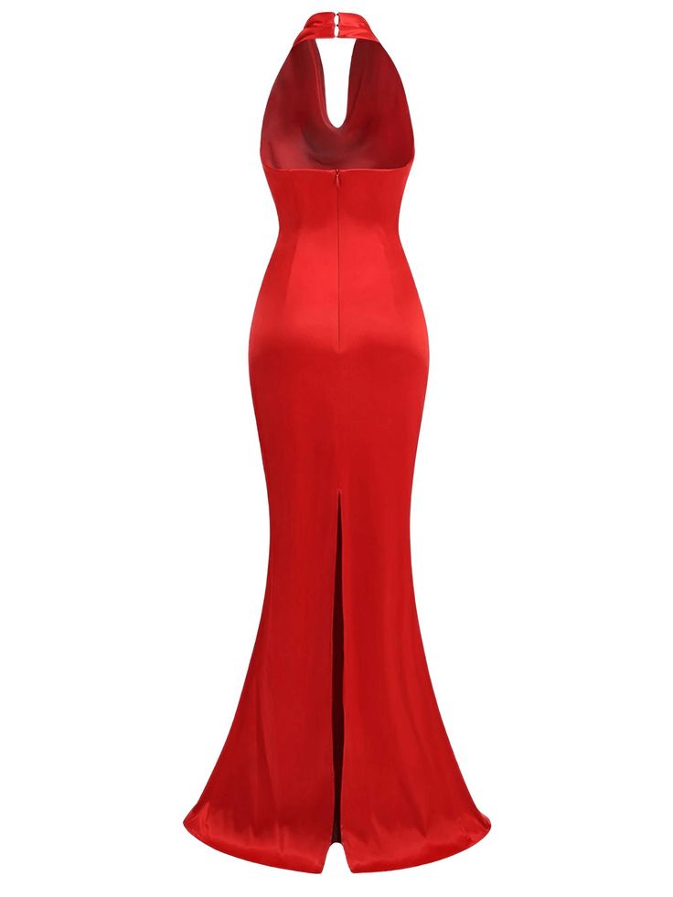 Introducing the Women's Elegant Backless Halter Red Draped Maxi Long Bodycon Dress, a stunning choice for any special occasion. Crafted with meticulous attention to detail, this dress features a backless design that exudes confidence and allure. The halter neckline adds a touch of sophistication, while the draped maxi length creates a graceful and elegant silhouette. This bodycon dress hugs your curves in all the right places, enhancing your natural beauty. The vibrant red color adds a bold and captivating element, making you the center of attention wherever you go. hether you're attending a wedding, a cocktail party, or a formal event, this dress is sure to make a lasting impression. Embrace your femininity and make a statement with the Women's Elegant Backless Halter Red Draped Maxi Long Fitted Bodice Backless Dress With Keyhole Back, Backless Dress With Keyhole Back And Fitted Bodice, Fitted Backless Bodycon Dress With Back Zipper, Backless Stretch Evening Gown, Backless Bodycon Dress With Fitted Bodice For Prom, Fitted Maxi Dress With Keyhole Back For Wedding, Backless Stretch Prom Dresses, Red Low Back Dress For Party, Red Backless Formal Gown