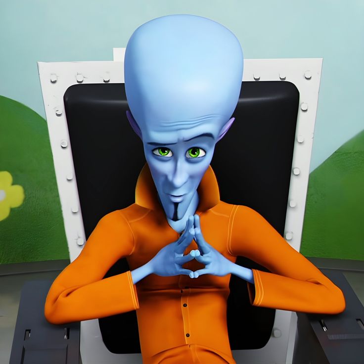 an alien man sitting in front of a computer monitor with his hands clasped to his chest