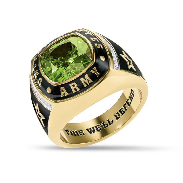 Rich 18kt gold-plating and 6 genuine diamonds!A classically-styled U.S. Army® Ring, coated in rich 18kt gold-plating. Its center is set with a shimmering green glass stone, surrounded by the words “U.S. Army®” in sculpted bas-relief.Each side is emblazoned with the U.S. Army® logo, flanked by three genuine diamonds – 6 diamonds total! Green Tarnish-resistant Jewelry For Anniversary, Elegant Green Signet Ring With Polished Finish, Green Diamond Ring With Polished Finish, Luxury Green Signet Ring For Anniversary, Green Signet Ring With Polished Finish For Promise, Classic Green Ring With Vs Clarity, Classic Green Jewelry With Vs Clarity, Classic Gold Emerald Ring With Diamond Accents, Classic Green Jewelry With Polished Finish