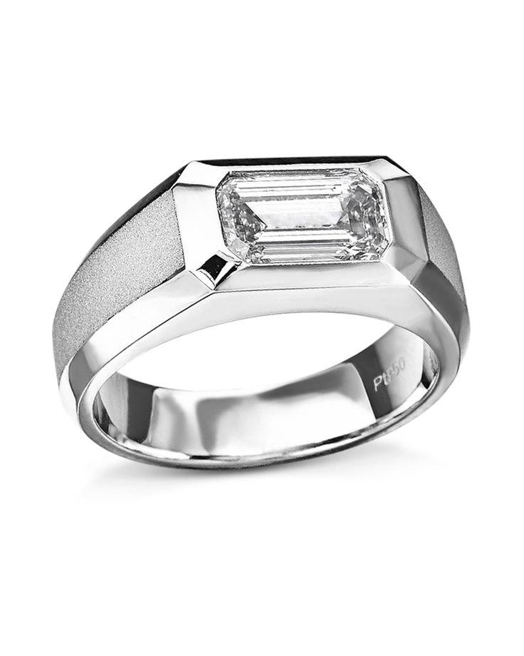 a white gold ring with a baguette cut diamond in the center, on a white background