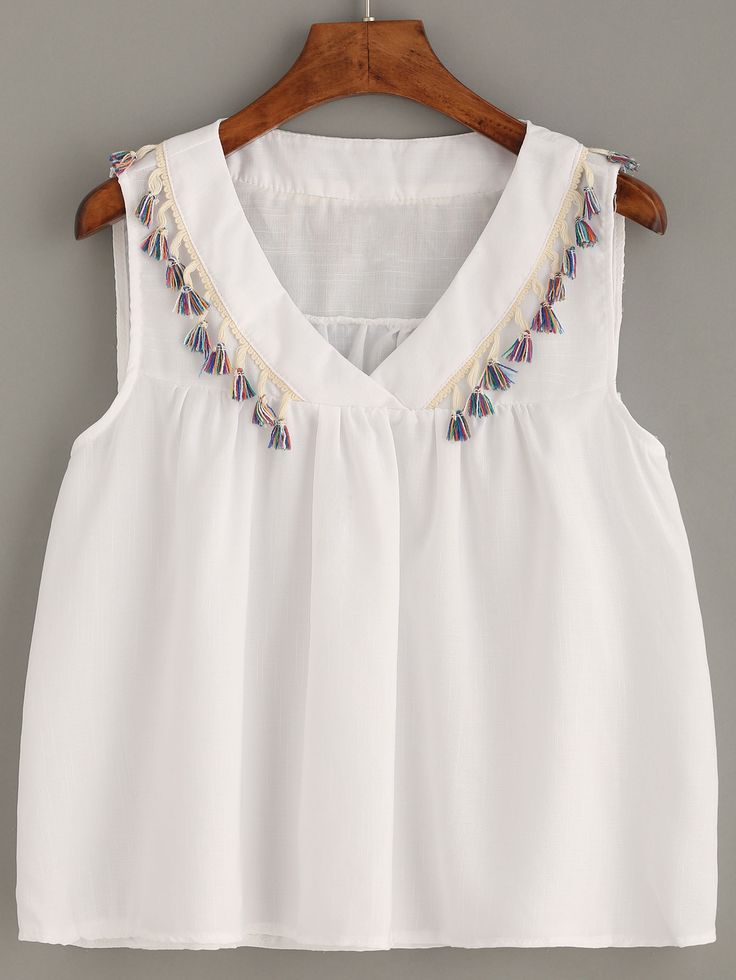 Shop White Tassel Trim Shawl Collar Top online. SheIn offers White Tassel Trim Shawl Collar Top & more to fit your fashionable needs. Cotton Tops Designs, Girls Dresses Sewing, Kids Dress Wear, Kurta Neck Design, Baby Dress Design, Linen Fashion, Fashion Tops Blouse, Kurti Neck Designs