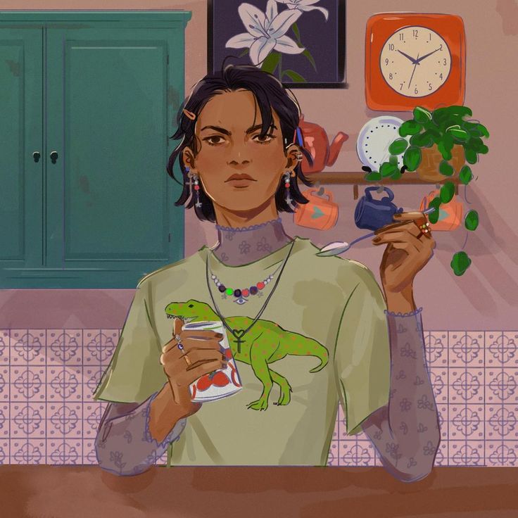 a woman holding a cup with a frog on it in front of a wall clock