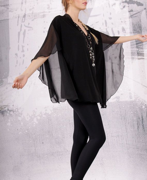 Black tunic, blouse with chiffon sleeves, black tunic, black top, loose top, long tunic, tunic dress Versatile Black Blouse For Evening, Versatile Black Evening Blouse, Black V-neck Blouse With Sheer Sleeves, Flowy Black Top For Layering, Elegant Flowy V-neck Tunic, Elegant Tunic Blouse For Party, Black Bohemian V-neck Tunic, Black V-neck Bohemian Tunic, Black Flowy Blouse For Party