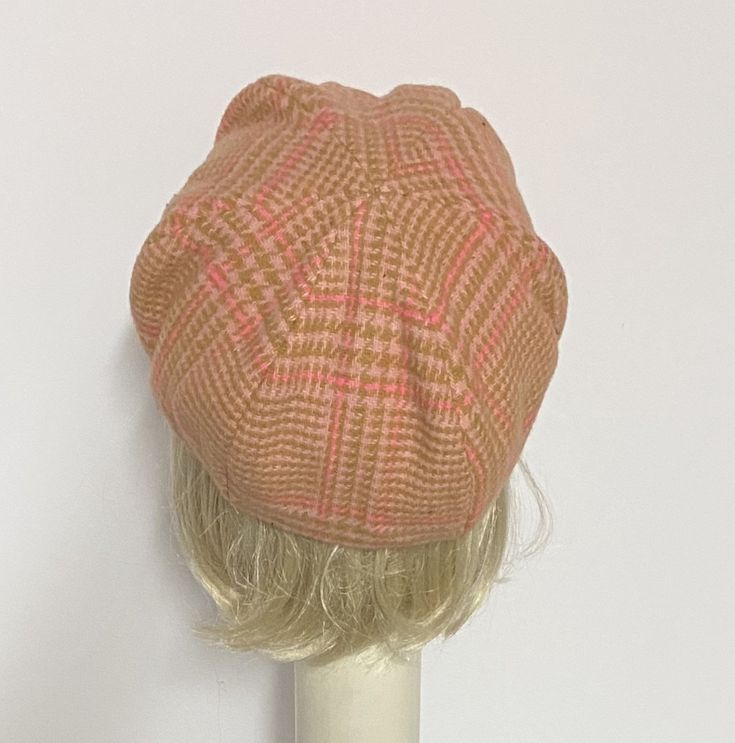 Beret Hat made with a vintage double knit pink plaid fabric, lined in rayon print, the top of the hat is made up of 6 section crown, and has a 1" soft elastic band inside. One size fits most up to a 22" Hand wash / dry Made in USA Beret Hat, Plaid Fabric, Double Knit, Pink Plaid, Double Knitting, Hat Making, Elastic Band, Knitted Hats, Made In Usa