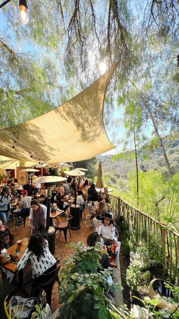 an outdoor restaurant with people sitting at tables and eating under shade sailed by trees