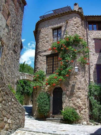 an old stone building with flowers growing on it