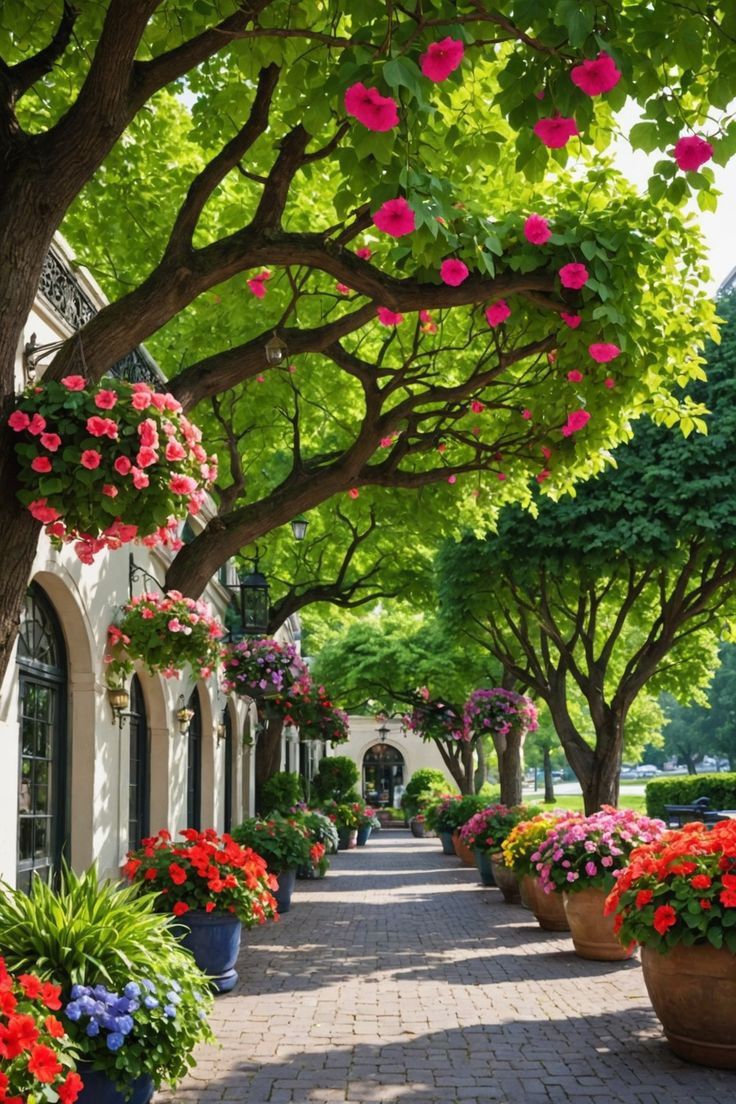 many potted flowers on the side of a building with trees and bushes in front