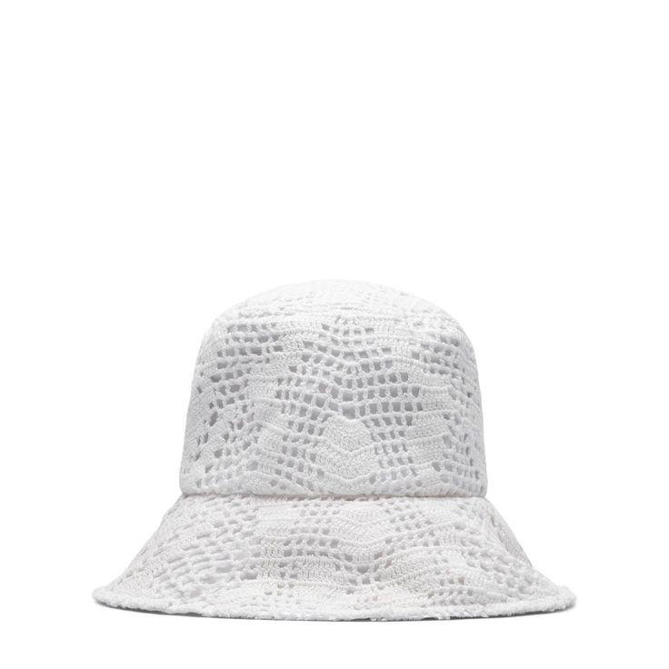 Comme des Garçons Shirt Headwear WHITE / O/S CROCHET-KNIT BUCKET HAT White Cotton Vacation Hat, White Fitted Casual Hat, White Brimmed Cotton Hat, White Cotton Brimmed Hat, Casual White Brimmed Hat, White Cotton Wide Brim Hat, White Wide Brim Cotton Hat, Trendy White Hats For Spring, Trendy White Spring Hat