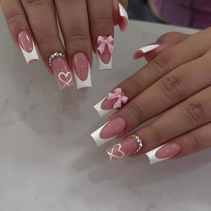 Ballet False Nails Long French Press On Nails With Rhinestone Wearable Coffin Fake Nail Pink Bow Temu Nails, Coffin French, Bow Nail Designs, Wave Nails, Easy Nails, Girly Acrylic Nails, Vacation Nails, Pink Acrylic Nails, Stick On Nails