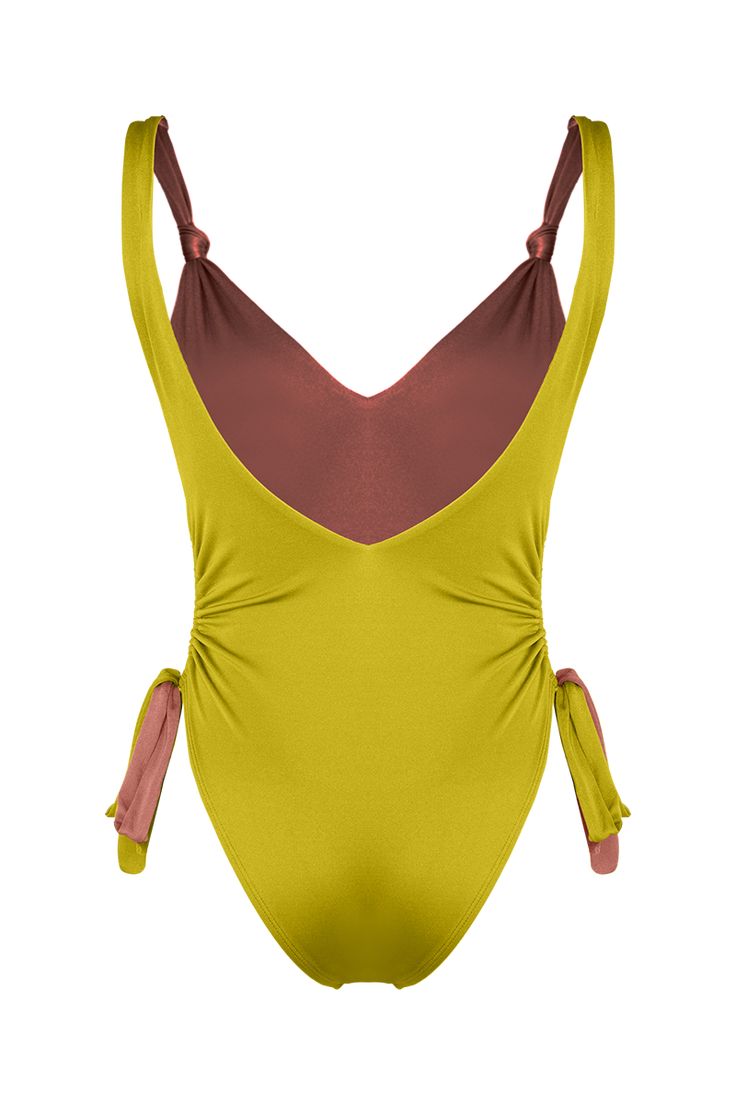 •Adjustable sides with gathered side inseam strings.•V neck perfect for bust support.•Knot detailed straps.•Cheeky coverage bottom.•Smooth stretch lining for extra comfort.•Removable push up paddings. Ruched Swimsuit, Push Up, Knot, One Piece, V Neck