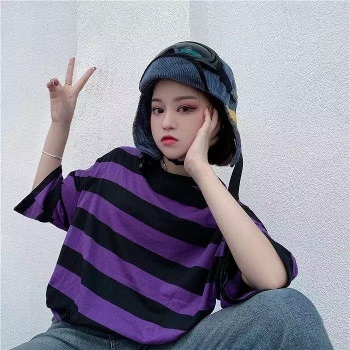 Striped T-Shirt – COLDLINE CLOTHING Kawaii Summer, Kawaii Clothing, Streetwear Essentials, Oversize Shirt, Purple T Shirts, Ulzzang Fashion, Casual Stripes, Harajuku Fashion, Kawaii Fashion