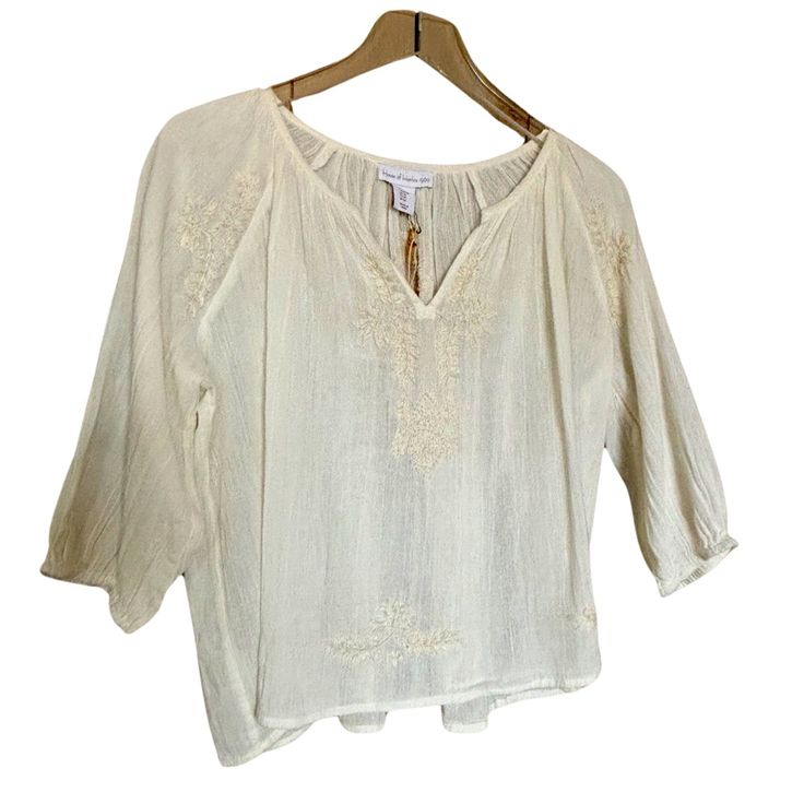 Embroidered Gauze Blouse Billowy Sleeves Loose Fit Soft Ivory Color Bin# 4h Peasant Style Embroidered Top For Vacation, Bohemian Beige Top With Chikankari Embroidery, Cream Bohemian Peasant Top With Floral Embroidery, Spring Folk Peasant Top With Chikankari Embroidery, Cream Cotton Peasant Top For Spring, Cream Embroidered Bohemian Peasant Top, Spring Folk Style Cream Blouse, Bohemian Cream Embroidered Peasant Top, Peasant Top With Chikankari Embroidery For Summer