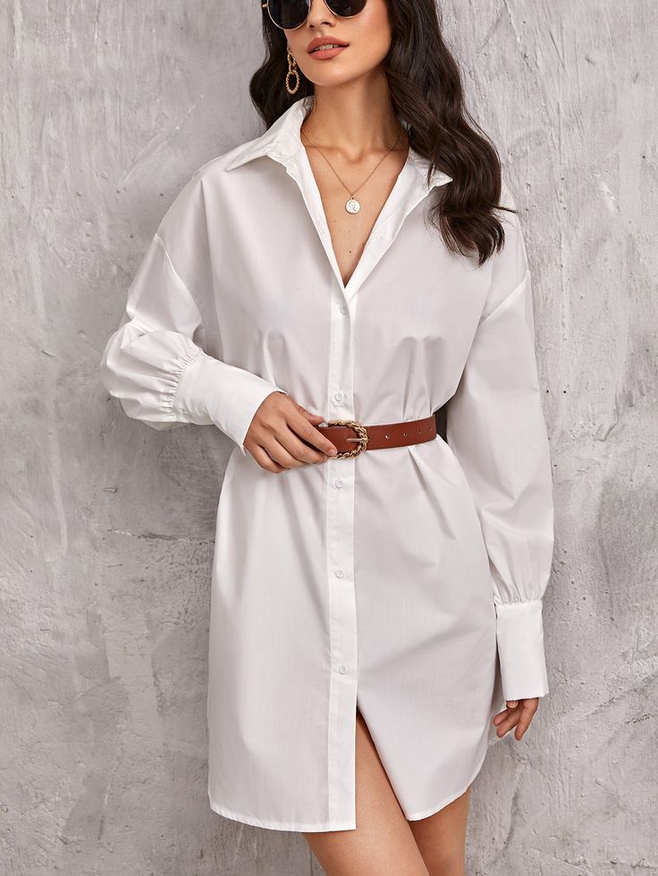 White Casual  Long Sleeve Polyester Plain Shirt Embellished Non-Stretch Spring/Fall Women Dresses White Polo Dress Outfit Women, White Polo Outfit Women Long Sleeve, White Polo Outfit Women, White Polo Outfit, Polo Dress Outfit, White Polo Dress, Long Shirt Outfits, White Dress Shirt Women, Long White Shirt