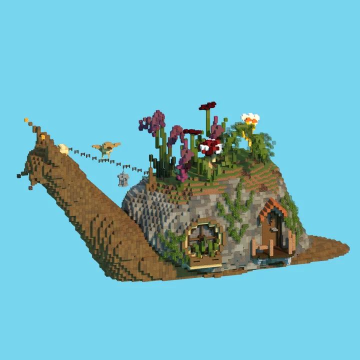 an animal house made out of legos on top of a hill with plants and flowers