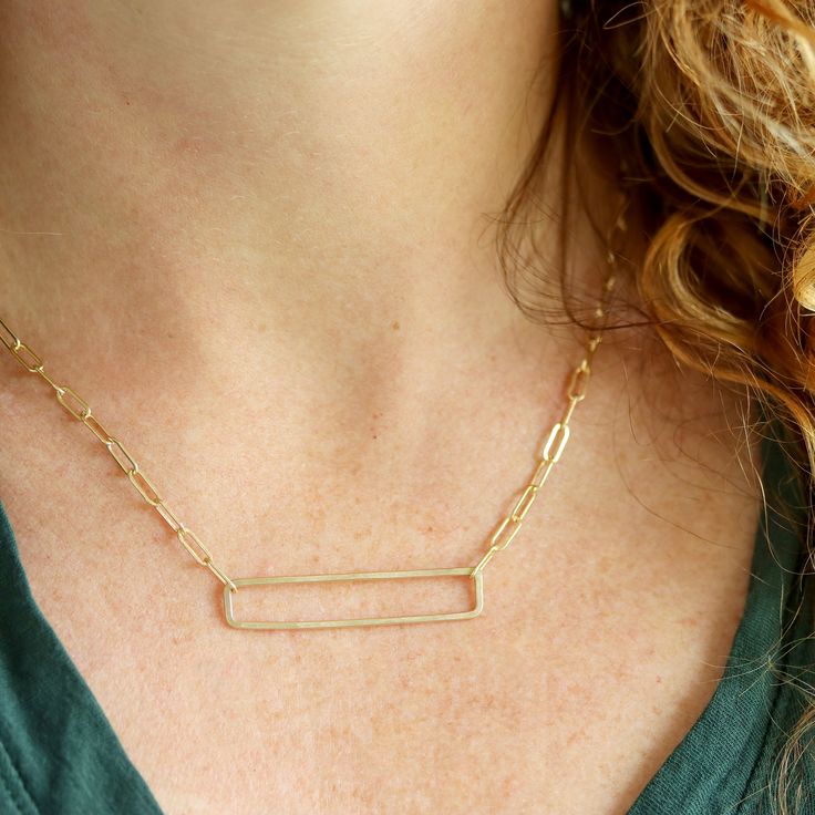 This necklace will be the sidekick you always wanted. Helping you kick ass with confidence during the work day and then keeping you looking great all Friday night. Sexy, sturdy, and not the least bit fussy, this minimalist and geometric design with edgy sophistication will instantly become your go-to necklace. A luxuriously chunky paperclip chain create a sophisticated look and it combines seamlessly with its hammered rectangle pendant. Perfect for layering but significant enough to hold its own Minimalist Adjustable Chain Necklace, Minimalist Jewelry With Adjustable Oblong Chain, Everyday Chain Necklace With Rectangular Pendant, Minimalist Cable Chain Jewelry For Everyday, Minimalist Oblong Paperclip Chain Jewelry, Modern Necklaces With Rectangular Pendant And Cable Chain, Modern Necklaces With Rectangular Pendant And Adjustable Chain, Modern Necklace With Adjustable Chain And Rectangular Pendant, Modern Necklace With Rectangular Pendant And Adjustable Chain