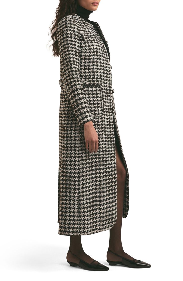 A classic check is rendered in beloved black-and-white across a wool-kissed coat that can polish a workday look and elevate a weekend one. Front button closure Collarless Front flap-patch pockets Back belt Lined 55% polyester, 30% wool, 9% acrylic, 4% nylon, 2% viscose Dry clean Imported Plaid Wool Coat For Fall Workwear, Black Houndstooth Tweed Jacket For Business, Black Business Tweed Jacket With Houndstooth Pattern, Wool Houndstooth Outerwear For Work, Classic Plaid Wool Coat For Fall, Classic Tweed Outerwear With Houndstooth Pattern, Elegant Houndstooth Outerwear For Fall, Black Tweed Jacket With Houndstooth Pattern For Work, Wool Houndstooth Outerwear For Office