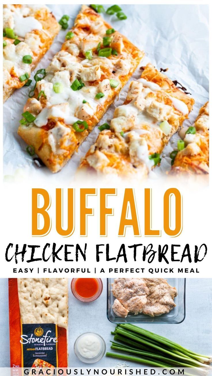 buffalo chicken flatbread recipe with text overlay