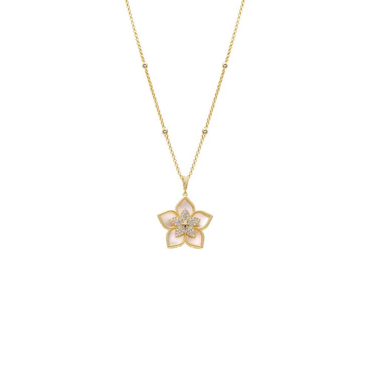 Introducing our exquisite Fancy Pave Colored Stone Flower Necklace. Crafted from brass and plated with 14K gold, it's adorned with dazzling clear CZ stones for a touch of elegance. With a 26mm flower pendant and a 16" chain with a 2" extender, it's perfect for adding glamour to any look. Shop now and bloom with beauty! Product Details Made from Brass 14K Gold Plated Colored Natural Stone: Mother Of Pearl , Turquoise, Malachite And Onyx Clear CZ Stones Flower Size: 26MM Length: 16" + 2" Available For Pre-Order Yellow Gold Flower Necklace With Charm Pendant, Yellow Gold Flower Pendant Necklace With Charm, Yellow Gold Flower Necklace With Flower Charm, Luxury Necklace With Flower Charm And Pendant, Elegant Rose Gold-plated Flower Necklace, Gold Plated Flower Pendant Jewelry With Flower Charm, Delicate Gold-plated Flower Pendant Necklace, Gold Flower-shaped Necklace With Cubic Zirconia, Gold Flower-shaped Cubic Zirconia Necklaces