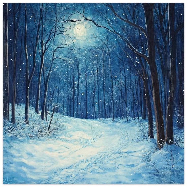 a painting of a snowy path in the woods with trees and snow flakes on it