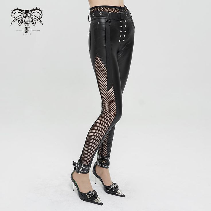 A punk mesh and faux leather trousers. It features faux leather and mesh panels. The material is very stretchable. Product specifications: Style: PunkMaterial: Synthetic Leather 25%, Polyester 70%, Spandex 5% Black Gothic Leather Pants For Concerts, Gothic Black Leather Pants For Concerts, Alternative Black Leather Pants For Concert, Fitted Bottoms With Rivets For Night Out, Punk Style Faux Leather Party Bottoms, Punk-style Faux Leather Party Pants, Punk High-waist Faux Leather Bottoms, Punk Faux Leather Bottoms For Party, Punk Style Faux Leather Bottoms For Party