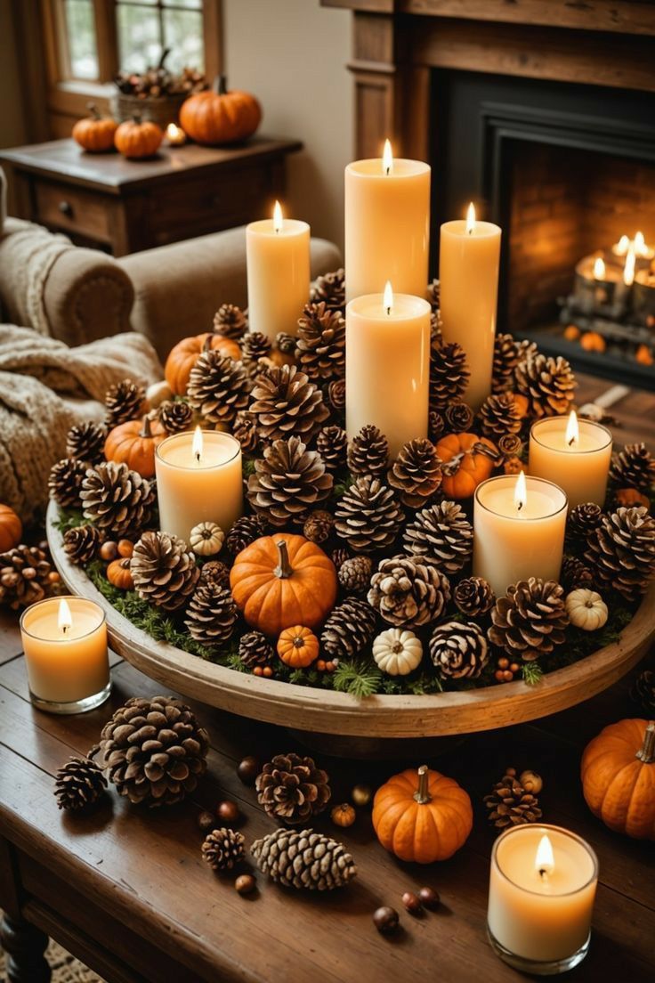 a tray filled with pine cones and candles