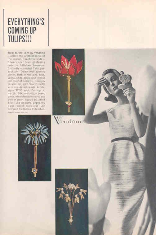 VENDOME  "Everything's Coming Up Tulips" Harper's Bazaar 1963 Vendome Jewelry Ads, Vendome Jewelry Vintage, Corocraft Jewelry, Flower Power 60s, Jewelry Advertisement, Vendome Jewelry, Jewelry Guide, Jewellery Advertising, Jewelry Ad