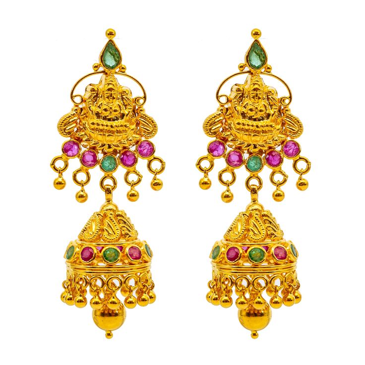 Bring a regal look to your traditional wear or other formal outfits with this stunning Goddess Laxmi Jewelry Set from Virani! The radiant emeralds and rubies embedded into this sacred 22k yellow gold temple design featuring a depiction of the Goddess Laxmi is just what a woman needs to show off her pride in her heritage while making a luxuriously bold statement.Features• 22K Yellow Gold.• Emeralds. • Rubies.Specifications• Minimum Necklace Width - 2 millimeters • Maximum Necklace Width - 47 mill Gold Plated Temple Jewelry Jhumkas For Puja, Yellow Gold Temple Necklace With Latkans For Navratri, Yellow Gold Temple Necklace With Latkans, Yellow Gold Temple Necklace For Festivals, Festival Temple Necklace In Yellow Gold, Festival Temple Jewelry Necklace In Yellow Gold, Yellow Gold Temple Necklace For Navratri, Navratri Yellow Gold Temple Necklace, Traditional Yellow Gold Temple Necklace For Puja