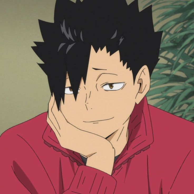 an anime character with black hair wearing a red shirt and holding his hand to his face