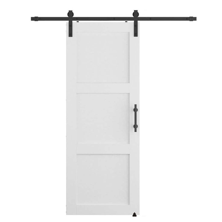 an open white barn door with black hardware on the top and bottom bars, against a white background