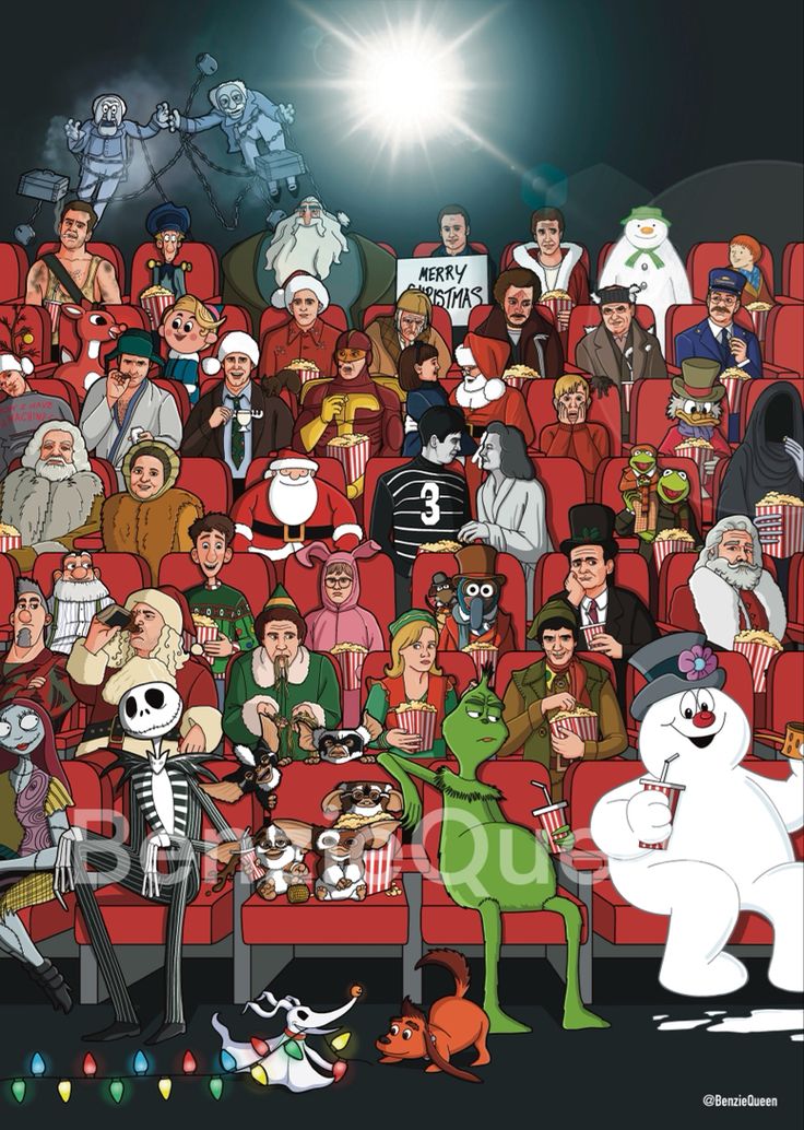 a crowd of people sitting in front of a movie theater filled with skeletons and ghost characters