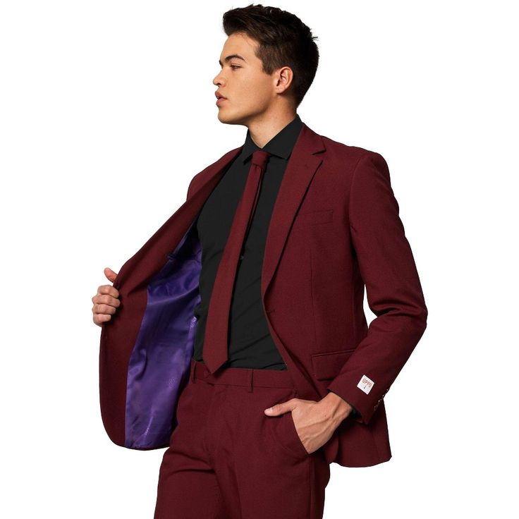 Attend rocking parties or fancy dinner evenings in The Solid Coloured Suits for men from OppoSuits. You are going to look good no matter where you go. This particular set comes as an entire suit. You receive a jacket and matching pair of pants. Then, complete the ensemble with a solid coloured necktie. All items are designed for a slim fitting and it is recommended that you go with a size up if you are unsure. It gives you a chic yet professional appearance all in one. Attend events with class and style using this original OppoSuits suit. Guests will be checking you out in no time everywhere you go. Fitted Festive Suits For Business, Fitted Business Suit For Festivities, Fitted Festive Business Suits, Slim Fit Notch Lapel Blazer For Party, Slim Fit Blazer With Suit Collar For Party, Slim Fit Blazer With Notch Lapel For Parties, Red Fitted Blazer For Costume Party, Tailored Purple Set For Party, Tailored Purple Party Sets