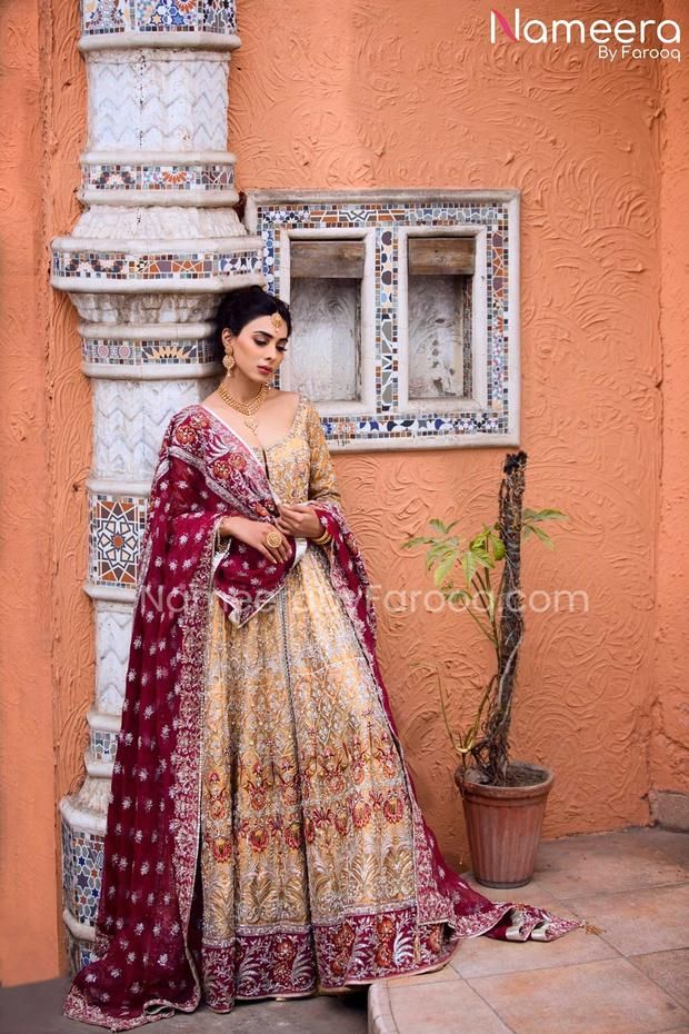 Royal Pakistani Gharara in Beautiful Tangerine Color – Nameera by Farooq Pakistani Gharara, Nameera By Farooq, Anarkali Bridal, Bridal Anarkali, Anarkali Frock, Tissue Fabric, Pakistani Bridal Dress, Long Anarkali, Rani Haar