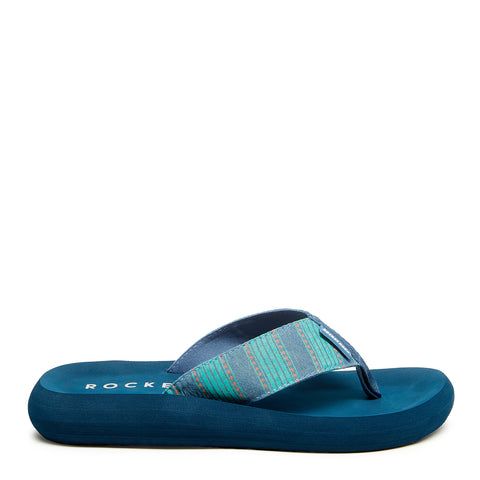 Rocket Dog® Blue Stripe Flip Flops - Seaside Stride Casual Vacation Flip Flops, Casual Blue Flip Flops For Summer, Casual Blue Sandals For Summer, Casual Blue Flip Flops, Casual Light Blue Synthetic Flip Flops, Blue Flip Flops For Spring Outdoor, Blue Flip Flops For Spring Outdoor Activities, Blue Cushioned Flip Flops For Beach Season, Light Blue Synthetic Flip Flops For Summer