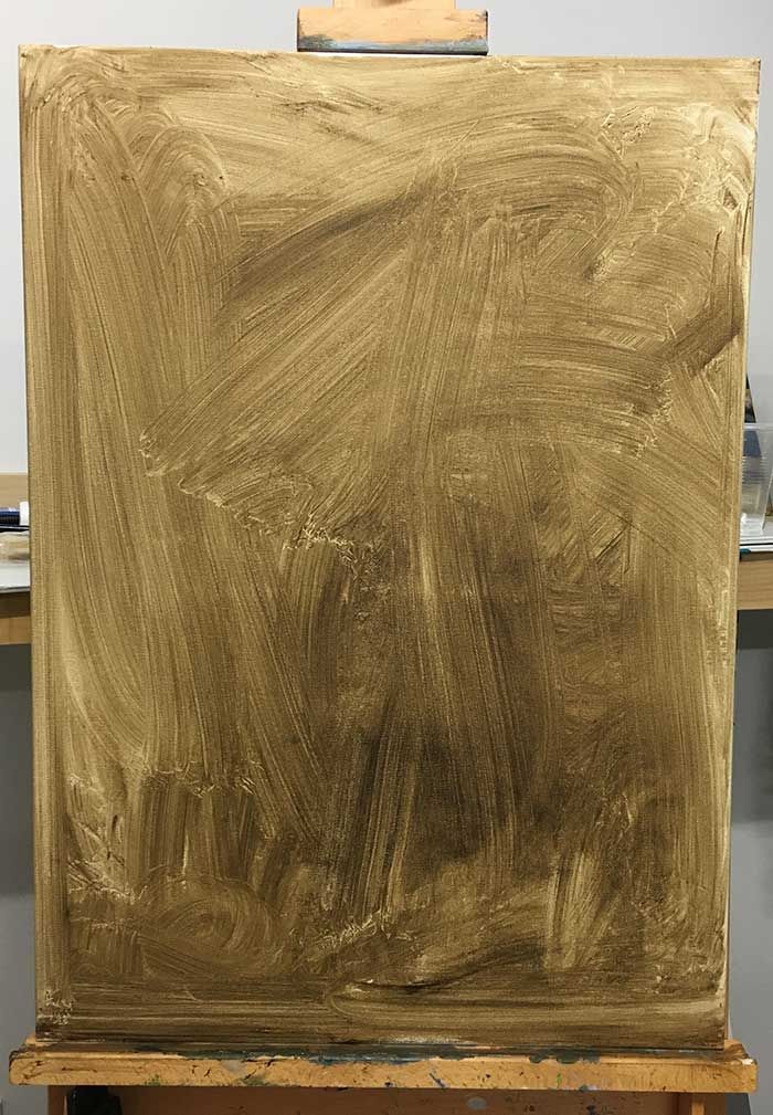 an easel with a painting on it in the process of being painted by someone