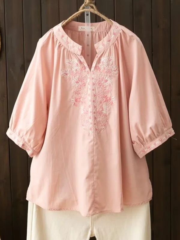 Women's Summer Blouse Top Embroidery Floral Vintage Casual Shirt Mid Sleeve Feminine Long Sleeve Embroidered Tops, Casual Embroidered Top With Chikankari, Spring Short Sleeve Blouse With Chikankari Embroidery, Feminine Cotton Embroidered V-neck Top, Feminine Embroidered V-neck Tops, Spring Chikankari Embroidered Short Sleeve Blouse, Cotton V-neck Blouse With Chikankari Embroidery, Feminine Spring Tops With Chikankari Embroidery, Feminine Chikankari Embroidery Tops For Spring