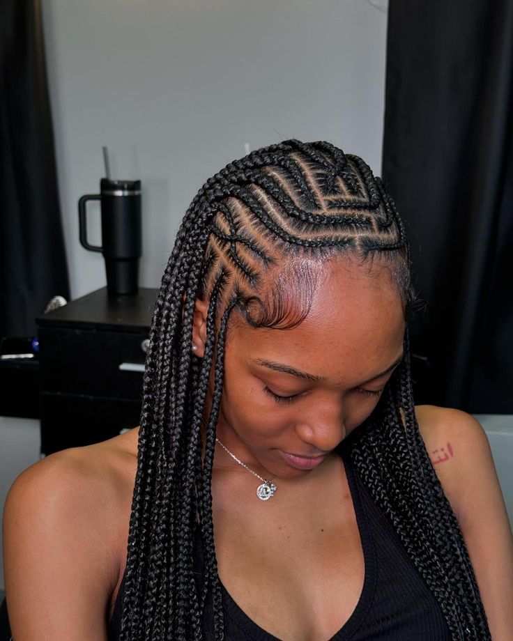 Freestyle Tribal Braids 😍😍😍 So pretty 🤭 , this can be booked up under “ tribal / fulani braids “ ! can be done with either twist or knotless ! - September Bookings are open , Press “ Book Now “ To Book !🧚🏽‍♀️ - Don’t miss out for the special coming up for september 🍒 Hairstylist : @slayedbynyah ⭐️ - #atlbraider #atlhairstylist #atlbraids #tribalbraids #tribalbraidstyle #knotless #atlknotlessbraids #atlknotless #atlknotlessbraider #southfultonbraider #knotlessatl #feedinbraidsatlanta #feedinb... Knotless Box Braids Half Up Half Down, Feedin Knotless Box Braids, Natural Twist Styles For Black Women, Knotless With Cornrows, Different Styles For Knotless Braids, Medium Tribals With Knotless Braids, Tribals With Knotless Braids Hairstyle, Tetris Braids, Tribals With Knotless Braids Cornrows